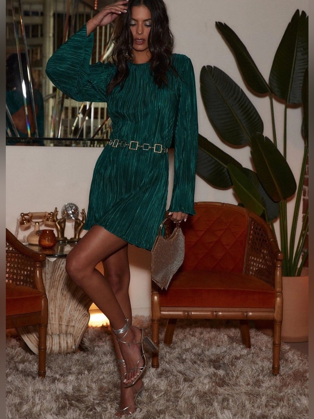 12th Tribe Emerald Green Pleated Long-Sleeve Mini Dress